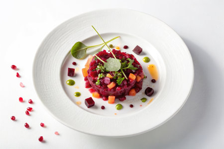A beautifully presented beet tartare served on a white plate, garnished with microgreens and pomegranate seeds.の写真素材