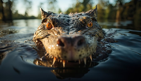 A close up portrait of an alligator in a lakeの写真素材
