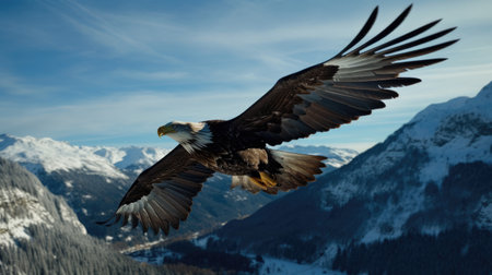 American bald eagle in flight over snow-covered mountains. Bald eagle is the national symbol of the...