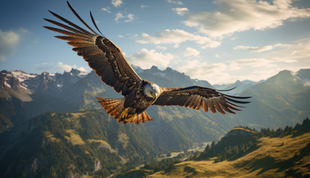 American Bald Eagle in natural habitat among cliffs, forests and rivers. Bald eagle is the national symbol of the United States.の写真素材