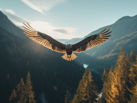 American Bald Eagle in natural habitat among cliffs, forests and rivers. Bald eagle is the national symbol of the United States.の写真素材