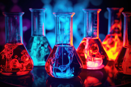 Bright colourful image of a variety of glass objects of different shapes and structures in neon colours. Background and texture. Light and colour.の写真素材