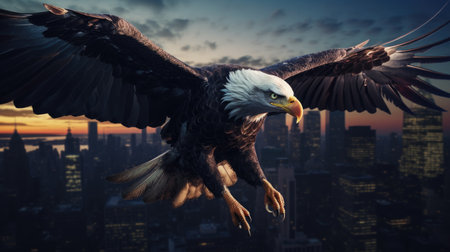 A bald eagle soars over city buildings. The bald eagle is the national symbol of the United States.の写真素材