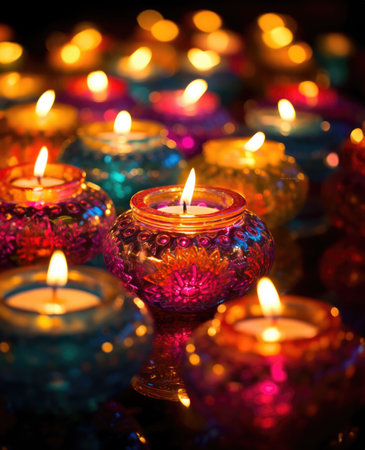 Happy diwali - Burning oil lamps with colorful designs from a Diwali festivalの写真素材