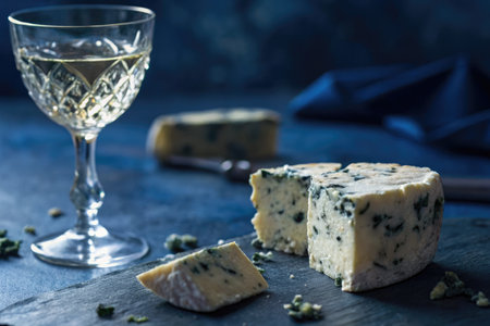 Close up of decadent blue cheese crumbles accompanied by a glass of swirling wine, creating a delightful pairing perfect for evening relaxation in a warm ambiance.の写真素材