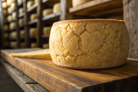 Aged wheel of parmigiano reggiano rests on a wooden board, showcasing its texture and color. Surrounded by shelves filled with other cheese varieties, it highlights traditional cheese aging methods.の写真素材