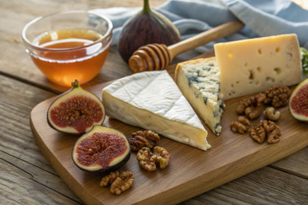 A beautifully arranged cheese board showcases a variety of cheeses including brie, gouda, and blue cheese. Fresh figs, honey, and walnuts complement the selection, creating an inviting spread.の写真素材