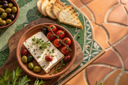 A beautiful Mediterranean cheese platter showcases feta cheese topped with herbs, surrounded by ripe olives and cherry tomatoes, served on a wooden board beside toasted bread slices.の写真素材