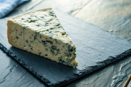 A wedge of blue cheese rests on a dark slate surface, showcasing its rich texture and distinct color. This gourmet cheese is perfect for pairing with wines and creating a cheese board.の写真素材