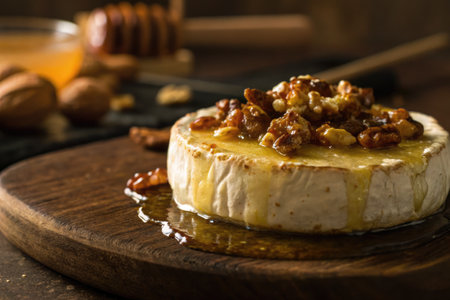 A delicious baked brie rests on a wooden board, generously drizzled with honey and garnished with crunchy nuts, creating an appetizing centerpiece perfect for gatherings.の写真素材