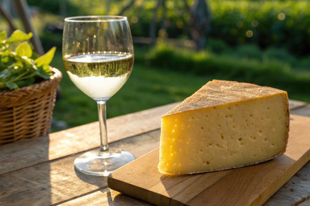 Slices of rich pecorino cheese rest on a wooden board beside a crystal glass of white wine, all bathed in warm sunlight. The outdoor setting features lush greenery in the background.の写真素材