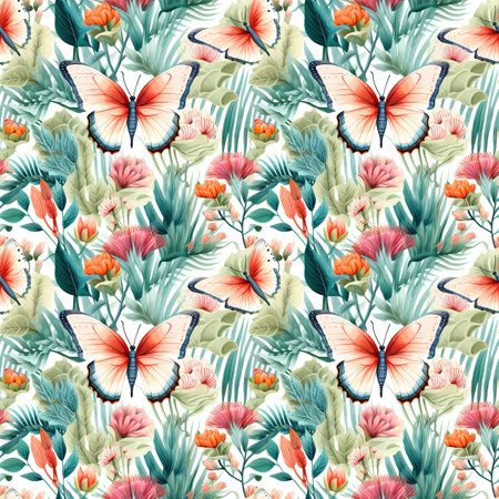 Butterflies. Seamless background of beautiful abstract tropical butterflies in psychedelic pop art style. Design element for fabric, packaging paper, etc.の写真素材