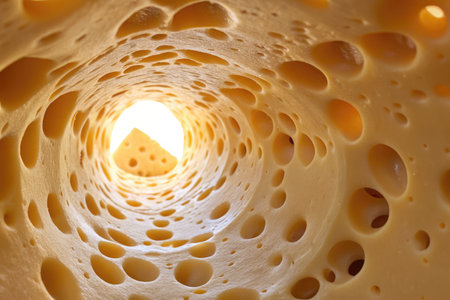 The interior of a piece of holey swiss cheese reveals a network of cavities and holes, showcasing its unique texture and structure, as light filters through the openings, illuminating the surface.の写真素材