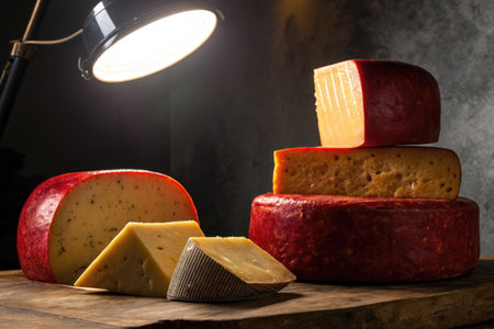 A selection of hard cheeses is beautifully illuminated by a dramatic top light, showcasing their textures and colors.の写真素材