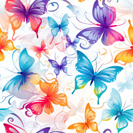 Butterflies. Seamless background of beautiful abstract tropical butterflies in psychedelic pop art style. Design element for fabric, packaging paper, etc.の写真素材