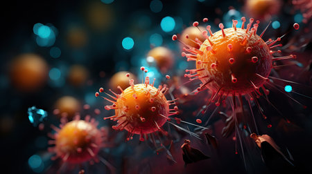 Coronavirus illustration. New deadly disease-causing viruses such as COVID-19 or SARS (Severe acute respiratory syndrome). Virus in a microscope close up. AI generatedの写真素材