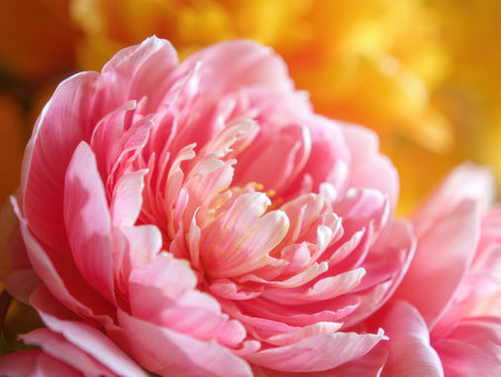 A stunning pink flower displays its delicate petals, capturing the sunlight. The vibrant colors of additional flowers create a warm and inviting atmosphere, perfect for a spring day.の写真素材