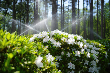 A vibrant display of azalea flowers blooms in a garden while water sprinklers gently spray them, creating a refreshing atmosphere. Tall trees surround the area, enhancing its serenity.の写真素材
