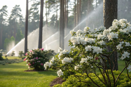 Bright azalea bushes exhibit their full spring bloom as sprinklers gently mist the area. Lush green grass enhances the beauty of the blossoming flowers under the clear blue sky.の写真素材