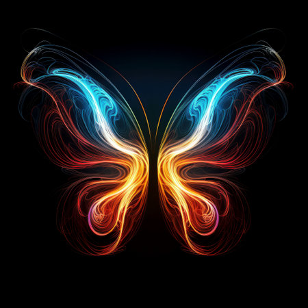 Butterfly. Abstract image of a butterfly drawn with coloured glowing lines isolated on a black...