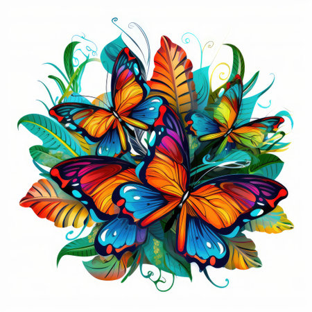 Abstract image of bright and colourful tropical butterflies on white background. Design element and template for poster, sticker, t-shirt, etc.の写真素材