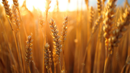 A stunning view of a wheat field illuminated by the warm glow of sunset. The golden stalks sway...