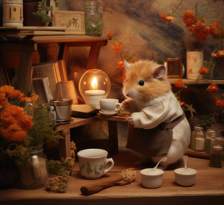 A hamster in a small apron prepares coffee for customers at a charming cafe. Warm lights and floral decor create a welcoming atmosphere perfect for relaxation.の写真素材