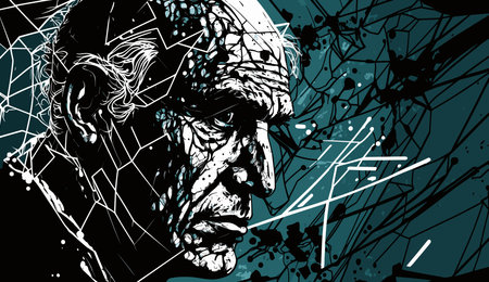 Mental health concept. An elderly man with dementia. Confused mind and chaotic thoughtsの写真素材