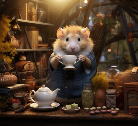 A small hamster in a blue jacket holds a teacup in a charming shop adorned with jars, treats, and warm lighting. The setting exudes a cozy atmosphere perfect for tea time.の写真素材