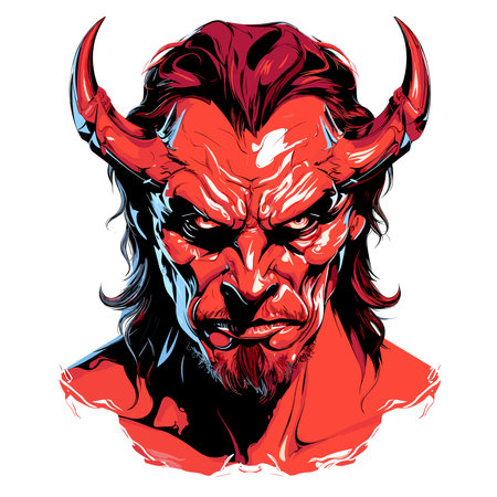 Lord of Darkness. Grotesque portrait of the devil in vector line art style. Template for t-shirt, sticker, etc.の写真素材