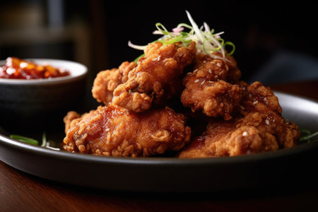 Close up tasty food photography of crispy and spicy Korean fried chicken, served in a trendy and hip restaurant with a modern style. Beautiful presentation of the dishes.の写真素材