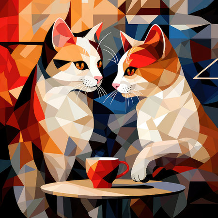 An abstract image of two kittens with cups of coffee in a pop art cubist style. Template for cafe advertisement, poster, sticker, t-shirt print, etc.の写真素材