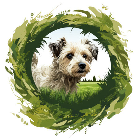 Puppy in decorative art style in circular floral frame isolated on white. Design element and template for sticker, poster, t-shirt print, etc.の写真素材