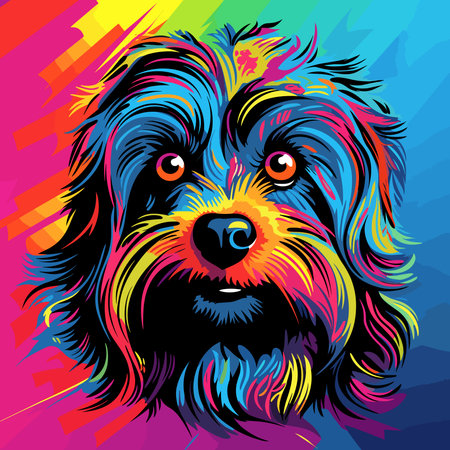 Funny cartoon dog in decorative vector pop art style. Template for poster, t-shirt print, sticker, design element, etc.の写真素材