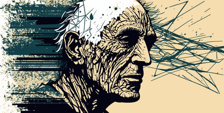 Mental health concept. An elderly man with dementia. Confused mind and chaotic thoughtsの写真素材