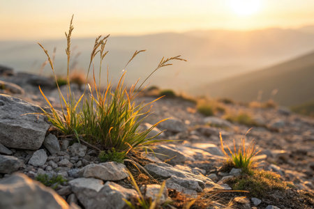 Golden blades of grass thrive among small rocks as the sun rises over a tranquil mountain landscape. The warm light casts a peaceful glow, enhancing the natural beauty of the scene.の写真素材