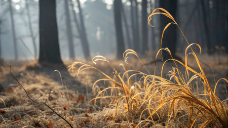 Golden strands of curled grass illuminate the forest floor during late autumn. Sunlight filters through the trees, creating a serene atmosphere of natureâs quiet beauty.の写真素材