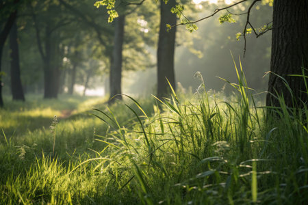Bright summer grass thrives under dappled sunlight filtering through trees in a serene forest. The landscape is lush and inviting, showcasing the beauty of nature in soft illumination.の写真素材