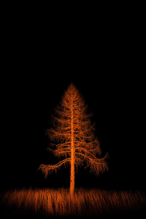 A solitary tree is brilliantly lit in orange, contrasting with a completely dark background. Its branches and foliage create a striking visual against the night sky.の写真素材