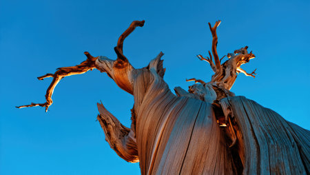 A gnarled tree stands tall against a vibrant blue sky, its weathered branches showcasing intricate details. The sunlight bathes the bark in warm hues, highlighting its age and beauty.の写真素材