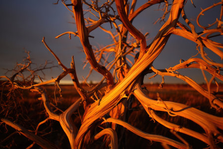 Gnarled branches twist and intertwine, catching the warm orange light of the setting sun in the...