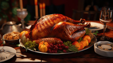 A festive richly plated Thanksgiving table with roasted turkey and other Thanksgiving foods.の写真素材