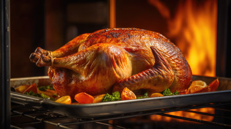 Close-up image of a beautifully roasted Thanksgiving turkey emerging from the oven, bathed in the soft glow of duskの写真素材