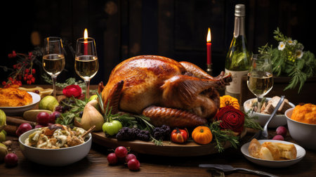 Thanksgiving meal of a deliciously roasted turkey surrounded by other food and candlesの写真素材
