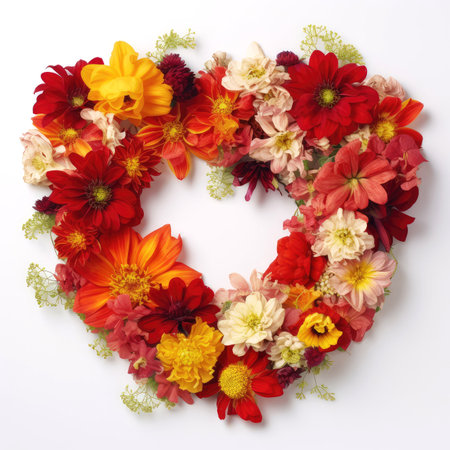 Flowers wreath in the shape of heart on white background. Romantic template for cards, invitations, etc. AI generatedの写真素材