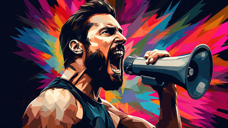 Pop art vector poster of an emotional man with a megaphoneの写真素材