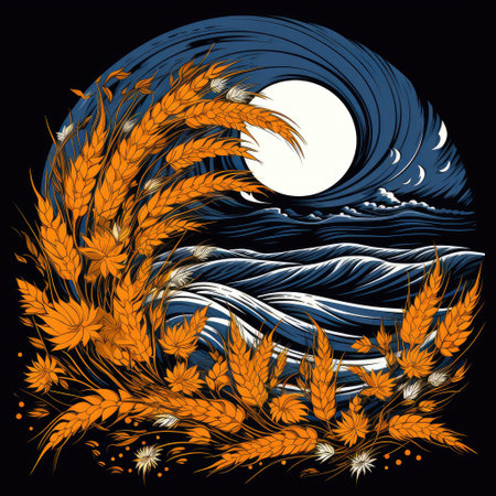 Wheat ears on wheat field in line art style. Template forposter, t-shirt, sticker, logoの写真素材