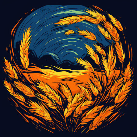 Wheat ears on wheat field in line art style. Template forposter, t-shirt, sticker, logoの写真素材