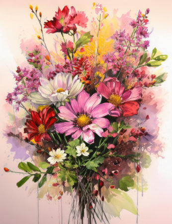 Romantic bouquet of beautiful flowers. Watercolor painting. Design for fabric, wallpaper, greeting cardの写真素材