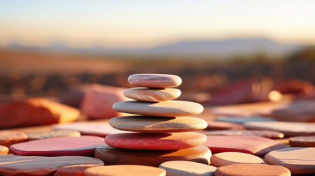 Stack of zen stones. Minimalistic zen stone background in desert.の写真素材